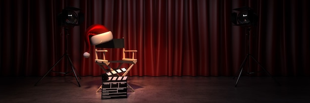 Video film bioscoop kerst concept regisseursstoel en film klepel 3d-rendering