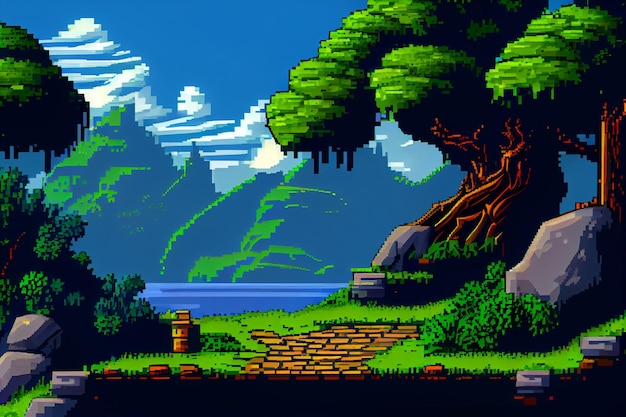 Video game background landscape with mountains and forests in 16 bit pixels Retro video arcade game nature location with pixel art mountain hills snow peaks sky and clouds trees grass and lake