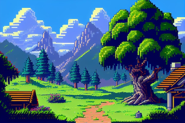 Video game background landscape with mountains and forests in 16 bit pixels Retro video arcade game nature location with pixel art mountain hills snow peaks sky and clouds trees grass and lake