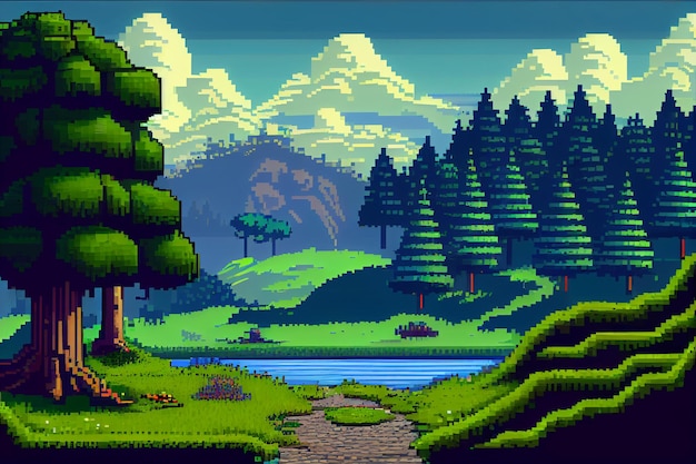 Photo video game background landscape with mountains and forests in 16 bit pixels retro video arcade game nature location with pixel art mountain hills snow peaks sky and clouds trees grass and lake