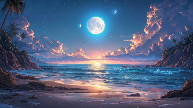 Video game CG art concept illustratie realistische cartoon stijl van de Maan Nacht over de Oceaan