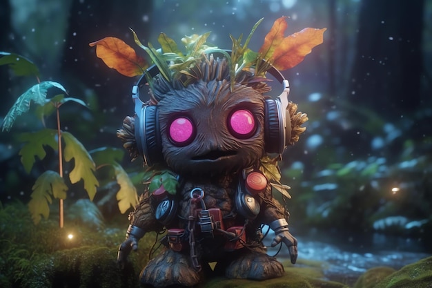 A video game character with a headband and a headband sits on a mossy forest floor.