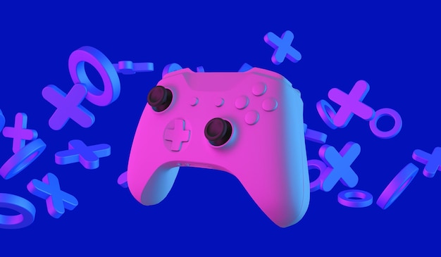 Video game controller and abstract shapes with neon stylized lighting gaming concept d rendering