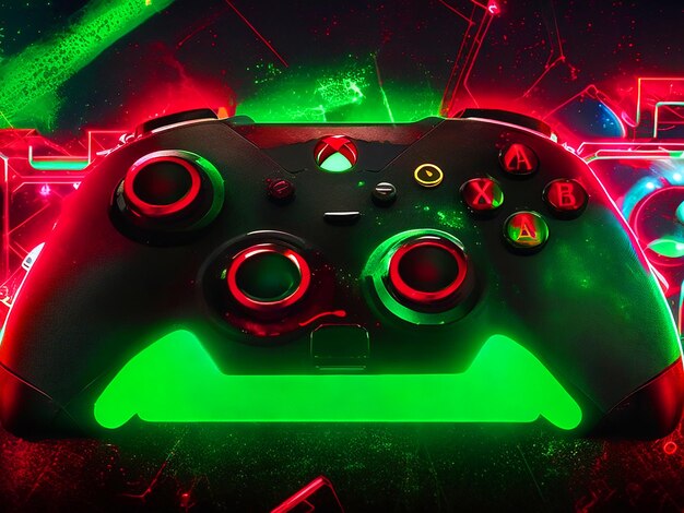 Контроллер видеоигры черный фон красный зеленый черный киберпанк стиль 4K изображение