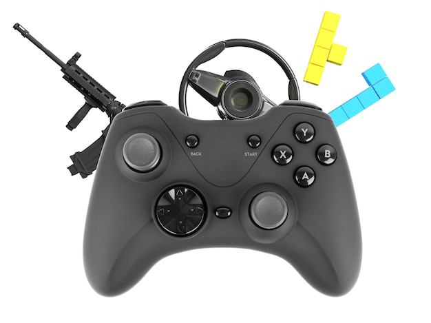 Video game controller isolated with weapons driving blocks