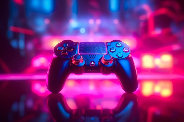 Video game controller met felle neonlicht strepen Computer gamer achtergrond 3D octaan render Game concept ideeën AI Generative