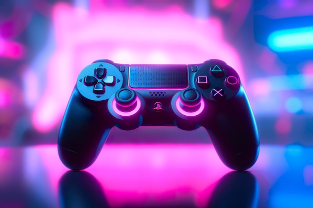 Video game controller with bright neon light streaks computer gamer background 3d octane render game concept ideas ai generative