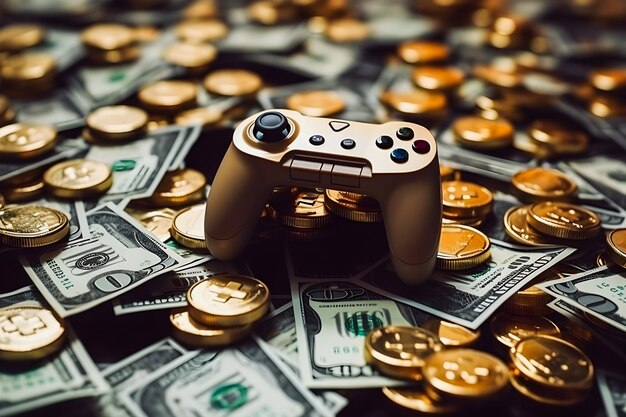 Photo video game industry wealth gamepads surrounded by money and success