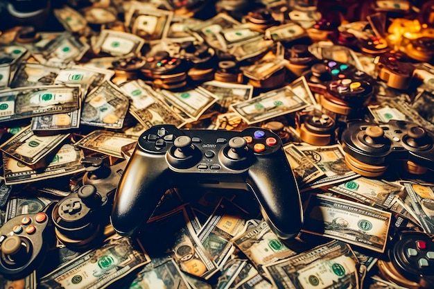 Photo video game industry wealth gamepads surrounded by money and success