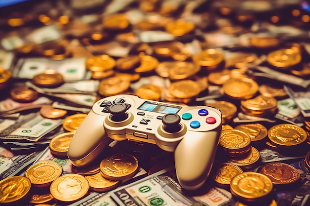 Photo video game industry wealth gamepads surrounded by money and success