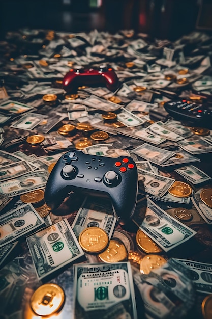 Photo video game industry wealth gamepads surrounded by money and success