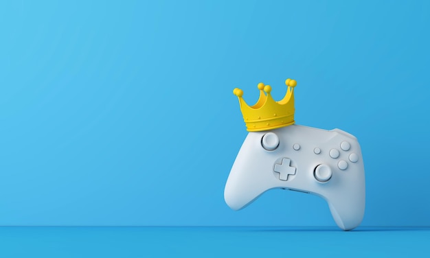 비디오 게임 왕. 왕관을 쓴 게임 컨트롤러. 이기는 게이머 개념. 3D 렌더링.