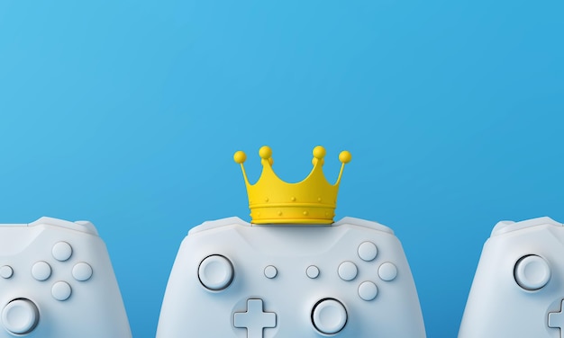 Video game king. Game controller wearing a crown. Winning gamer concept. 3D Rendering.