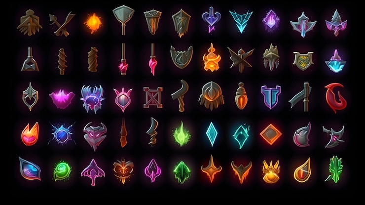 Photo video games icons 2d icons rpg skills icons world of warcraft items icons league of legends items iconsgenerative ai