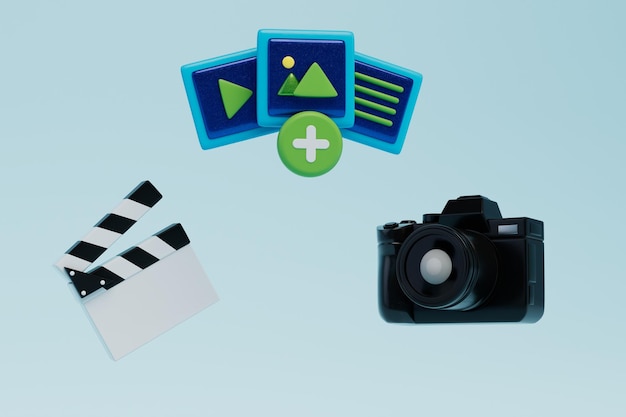 Foto video opnemen op een professionele fotocamera-cracker voor foto's voor opnames en knoppen om video 3d-render toe te voegen