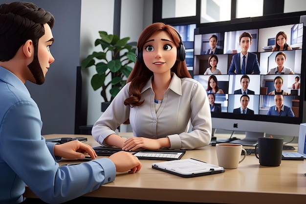 Videoconferentie Vrouw aan het bureau biedt collectieve virtuele chat Online zakelijke bijeenkomst werkend team webinar met