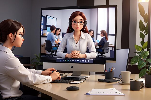 Videoconferentie Vrouw aan het bureau biedt collectieve virtuele chat Online zakelijke bijeenkomst werkend team webinar met