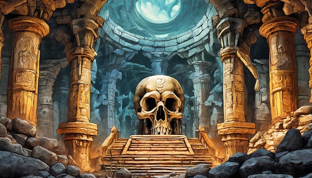 videogame background magic prehistoric ancient stone temple hall with a skull at center art