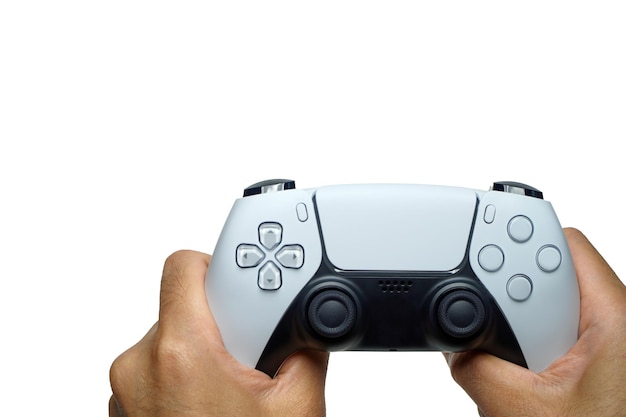 Foto videogame-console-controller in de hand gamer geïsoleerd op witte achtergrond speelzaam genot conceptgam