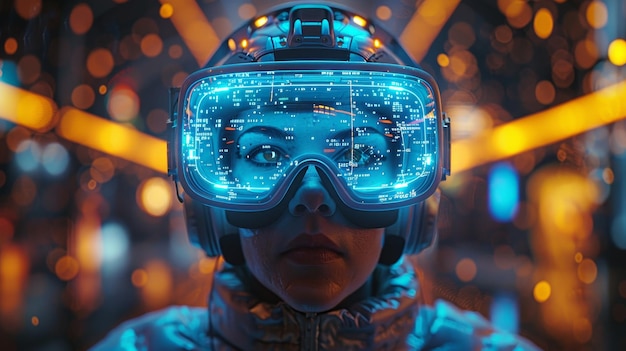 Videogamer in de cyberspace met een VR AR 3D headset in virtual reality simulatie in het metaverse Concept van virtual reality simulation in het metoverse Commercieel entertainment met digitaal