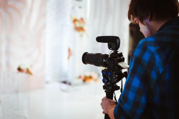 Videographer shoots a video report