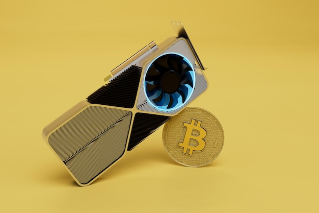 Foto videokaart voor cryptocurrency mining willed card en bitcoin op een gele achtergrond 3d render