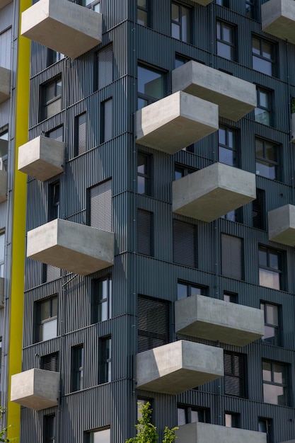 Vienna Austria June 14 2023 The facade of a modern multistorey building in the Seestadt residential complex in Vienna