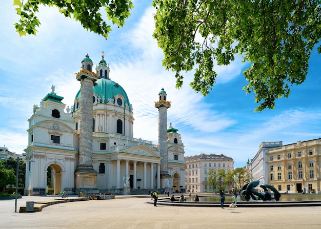 Vienna, Austria - May 8, 2019: Karlskirche Cathedral, or St. Charles Church on Karlsplatz in Old city center in Vienna of Austria. Wien in Europe. Panorama, cityscape of baroque roman catholic temple.