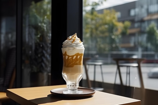 Vienna coffee in tall transparent glass on table