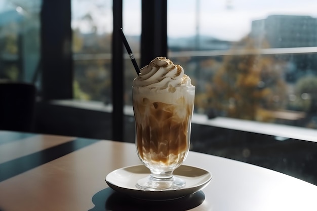 Vienna coffee in tall transparent glass on table