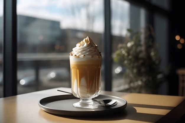 Vienna coffee in tall transparent glass on table