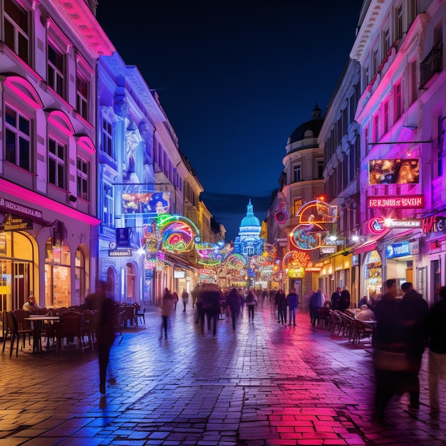Viennese Nightlife Bustling Street Illuminated by Colorful Neon Lights