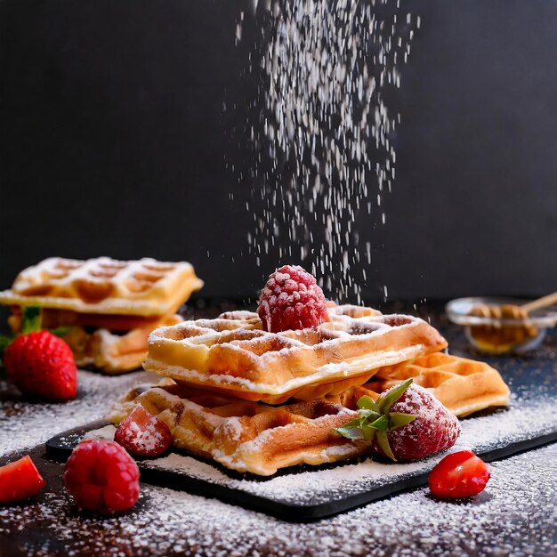 viennese wafers with raspberries strawberries sprinkled with powdered sugar