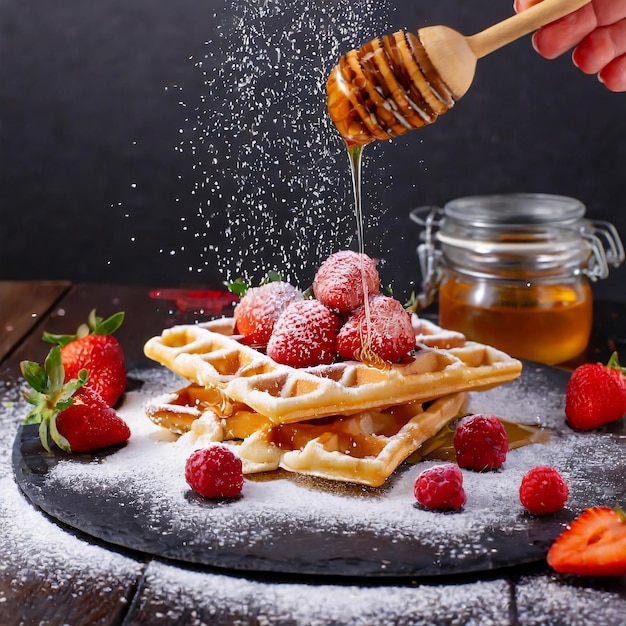 viennese wafers with raspberries strawberries sprinkled with powdered sugar