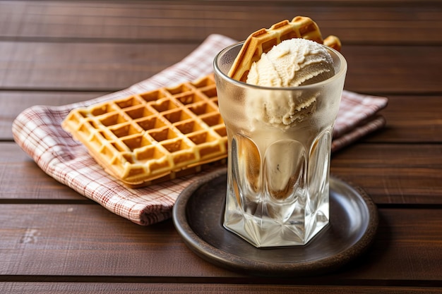 Viennese waffles with ice cream on a wooden plank Generative AI