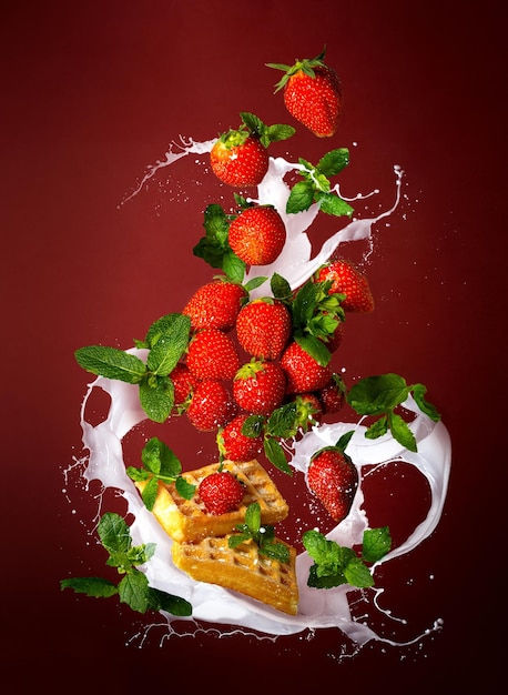 Viennese waffles with ripe strawberries and splashes of white cream on a burgundy backdro