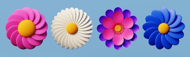 Foto vier 3d-bloemen van verschillende kleuren op een hemelsblauwe achtergrond voor web- en bannerontwerp