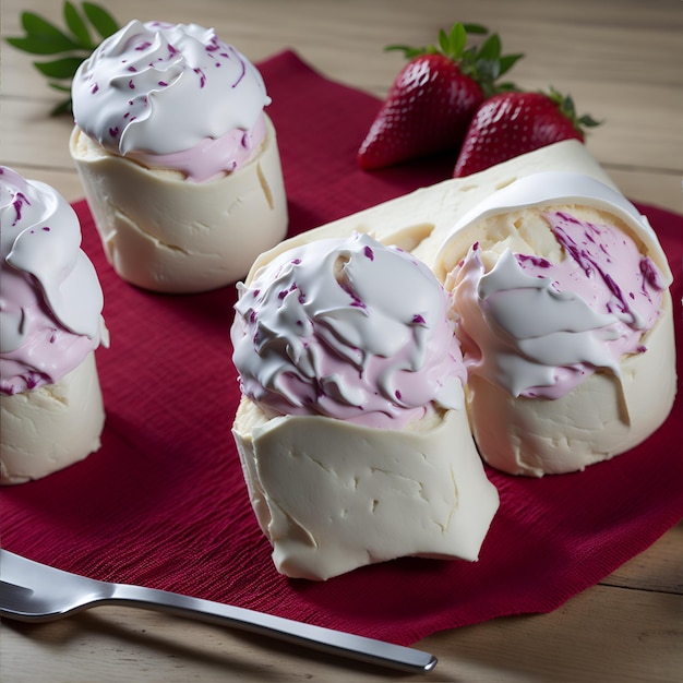 Vier aardbeien liggen op een rood servet naast een bord aardbeien.