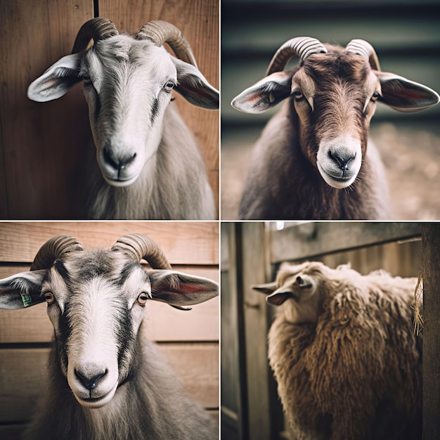 Vier afbeeldingen van een geit met horens en een schaap