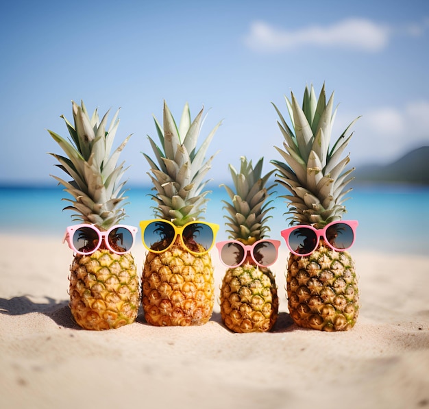 Vier ananassen met een zonnebril op een strand.