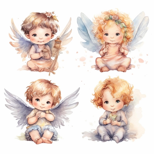 vier aquarelillustraties van een klein meisje met engelenvleugels generatieve ai