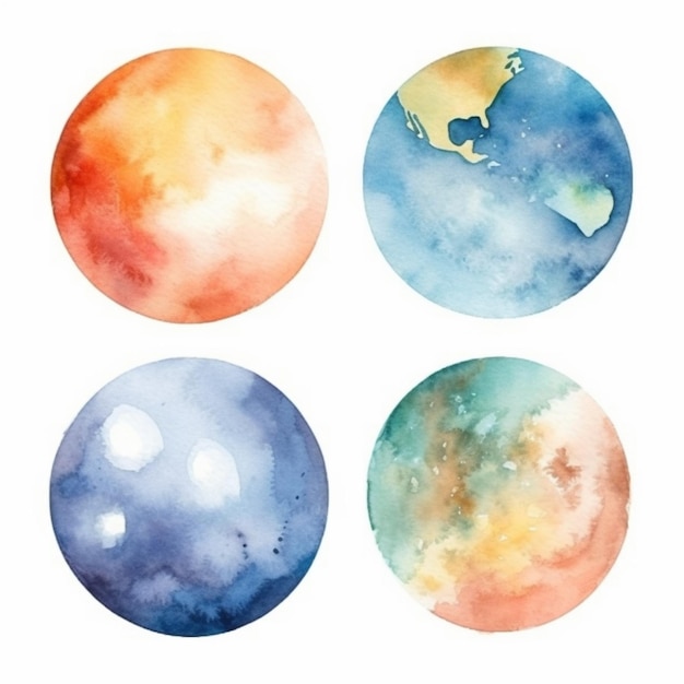 vier aquarelplaneten met verschillende kleuren en maten generatieve ai