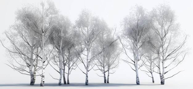 Vier berkenbomen met bladeren tegen een witte achtergrond, perfect voor natuurthemaprojecten