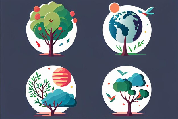 Vier bomen met verschillende vormen en het woord wereld erop