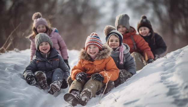 Vier broers en zussen lachen terwijl ze rodelen in het door AI gegenereerde winterbos