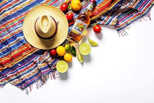 Vier Cinco de Mayo met dit leuke en feestelijke verticale bovenaanzicht van een sombrero poncho en maracas plus tequila shots limoenpartjes chilipepers op een witte achtergrond met copyspace