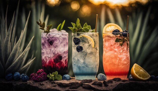 Vier cocktails op een rots met een gele achtergrond