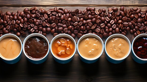 vier containers koffie met het woord koffie erop