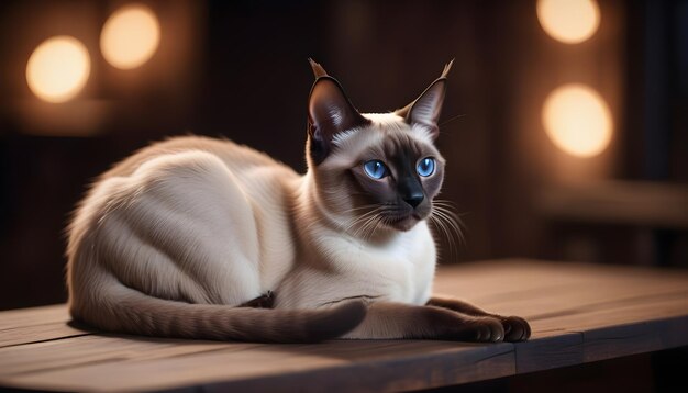 Vier de dag van de Siamese Kat Gracieuze Siamese kat op een houten tafel tegen een donkere achtergrond