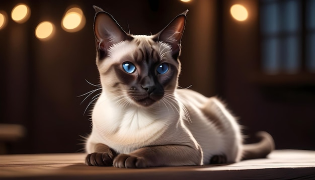 Vier de dag van de Siamese Kat Gracieuze Siamese kat op een houten tafel tegen een donkere achtergrond